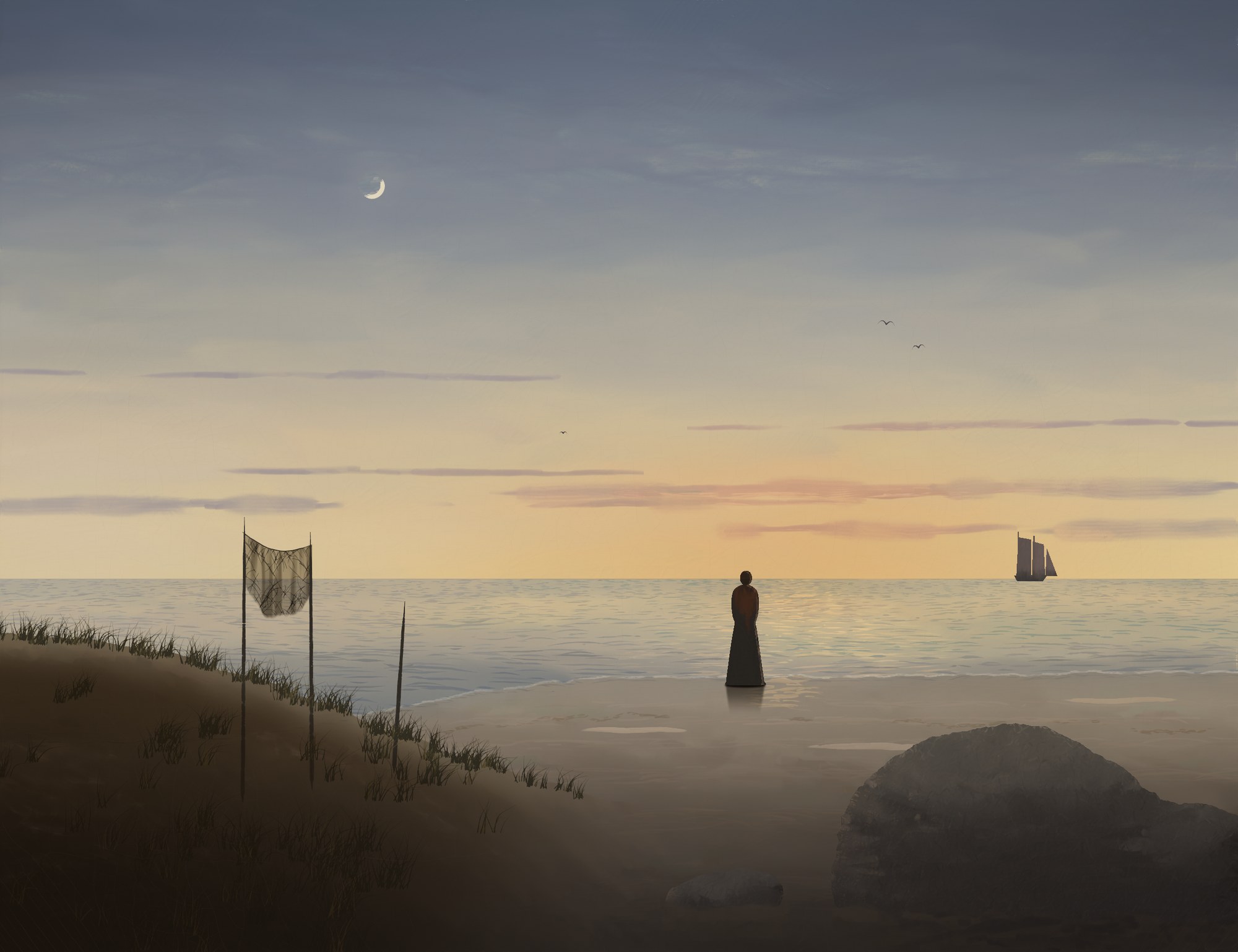 Before sunrise on a calm Baltic shore, a woman in a dark dress and red shawl stands at the water's edge facing the glow, with net poles on a low dune to the left, a granite boulder on the right and a waning crescent high in the sky.