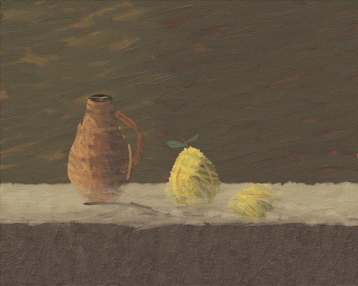 A clay pitcher and a yellow fruit on a table against a dark background.