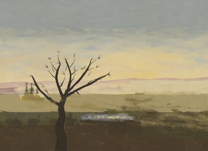 A bare tree beside water under a softly colored evening sky.
