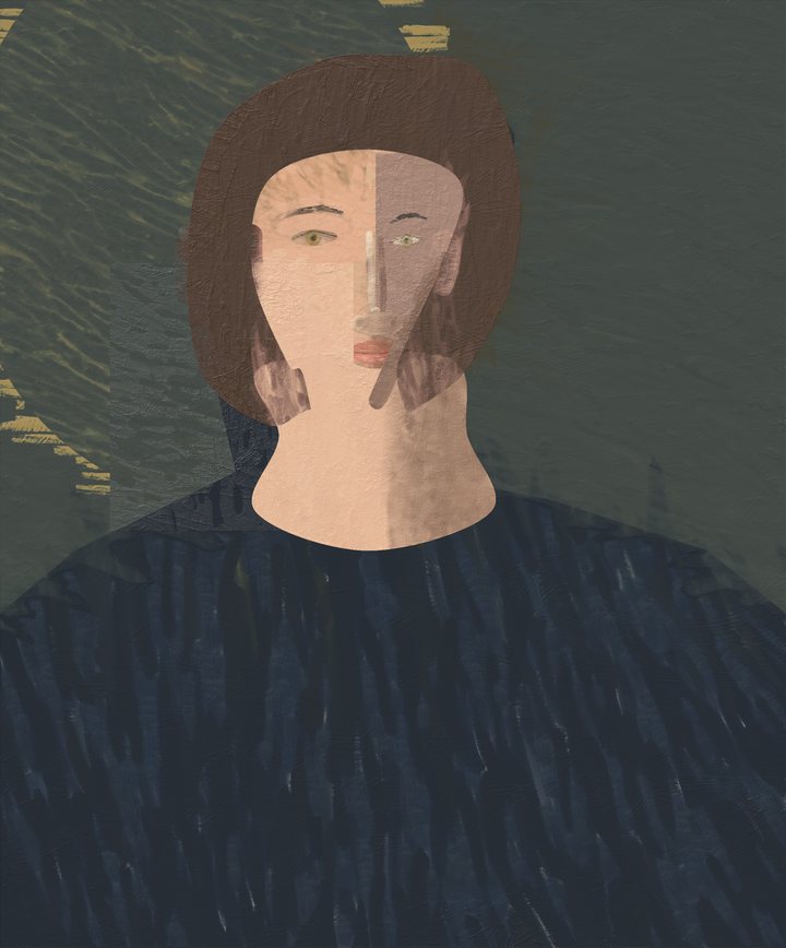 A self-portrait of a painter wearing a dark blue top.