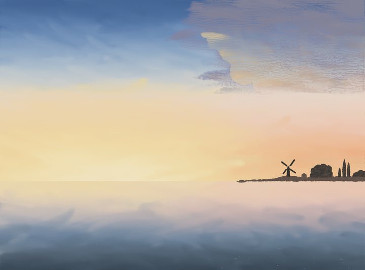 A luminous yellow and blue sky above a misty horizon and dark silhouettes.