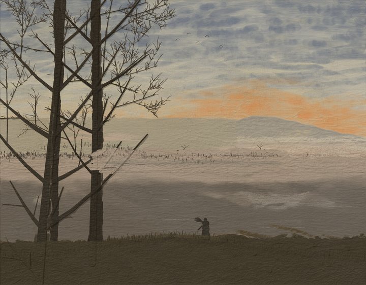 A bare tree and a solitary figure above an upland lake at dusk.