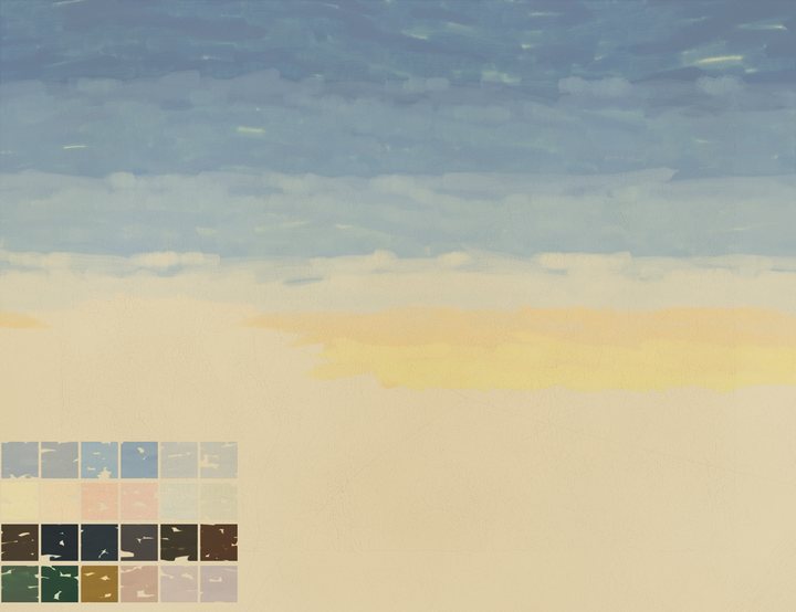 A blue and yellow sky above a pale ground with color studies.