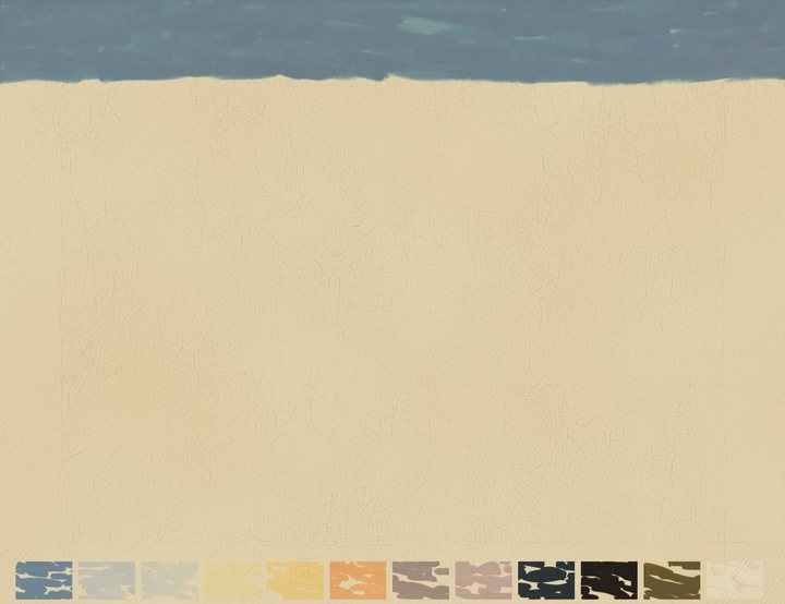 A blue upper band over a pale ground with color studies along the bottom.