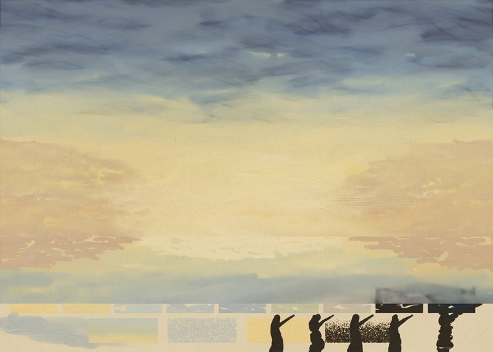 A blue and yellow sky over distant hills and dark shoreline forms.