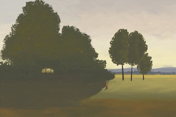 A dark grove and its broad shadow frame a golden meadow, with three slender trees and a small figure at the edge of the shade.