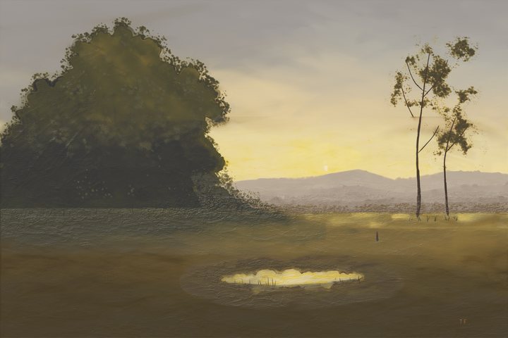 A broad oak mass at left and two slender trees at right overlook a small glowing pool, a distant figure and violet hills beneath a hazy evening sun.
