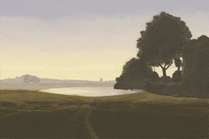 An evening river meadow with a dark grove and warm low light.