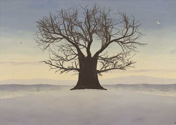 A solitary bare oak stands on a snowy rise beneath a blue and pale-gold evening sky, with a distant ridge, a crescent moon and a small crow.