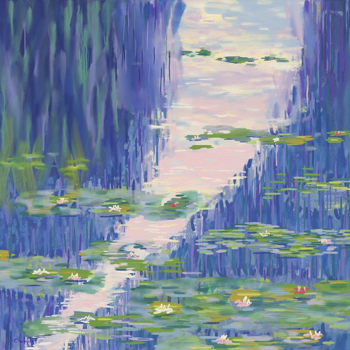 Green lily pads and pale pink flowers float across blue-violet water between hanging willow reflections and a winding band of evening light.