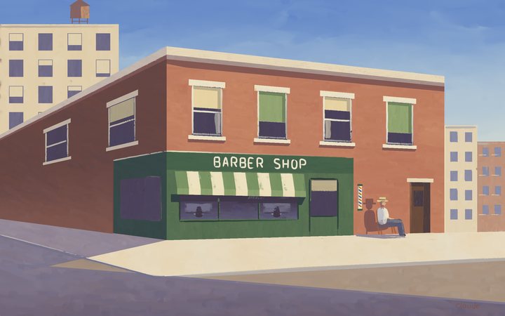 A sunlit red-brick corner barber shop casts a long violet street shadow, while a man in a white shirt and straw hat sits beside the barber pole.