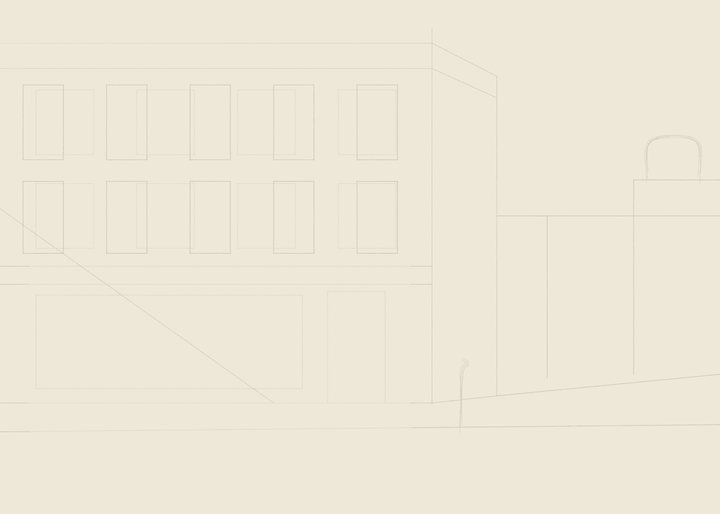A pale architectural drawing of a room interior with a chair.