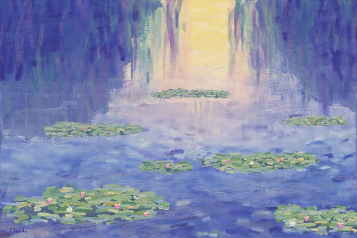 Seven islands of green lily pads and pink and white flowers float on lilac-blue water beneath dark willow reflections and a golden column of reflected sky.
