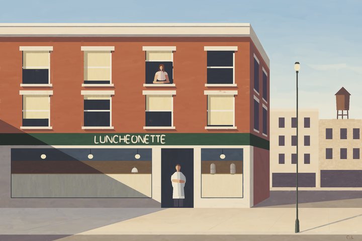 A red-brick luncheonette stands in afternoon sun and diagonal shadow, with a white-coated man in the doorway, a woman at an upstairs window and a streetlamp at right.
