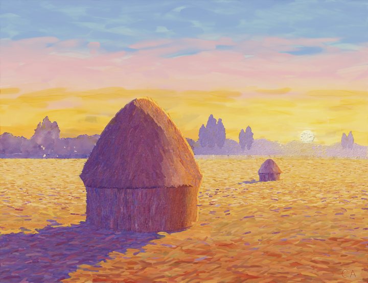 A golden field with a purple grainstack beneath a warm evening sky.