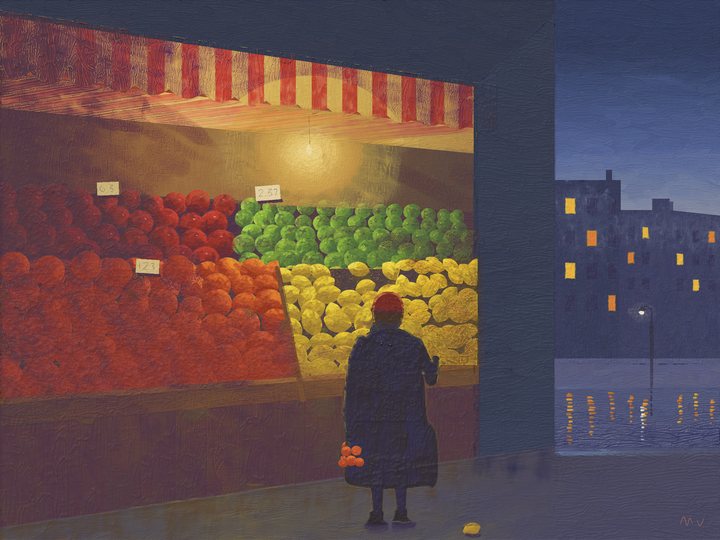 A woman in a red hat faces a brightly lit night fruit stall under a striped awning, beside a dark blue street with reflected window lights.