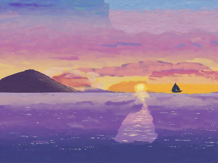 A low sun and its glittering reflection light a violet sea beneath pink and lilac clouds, with a dark headland at left and a small sailboat at right.