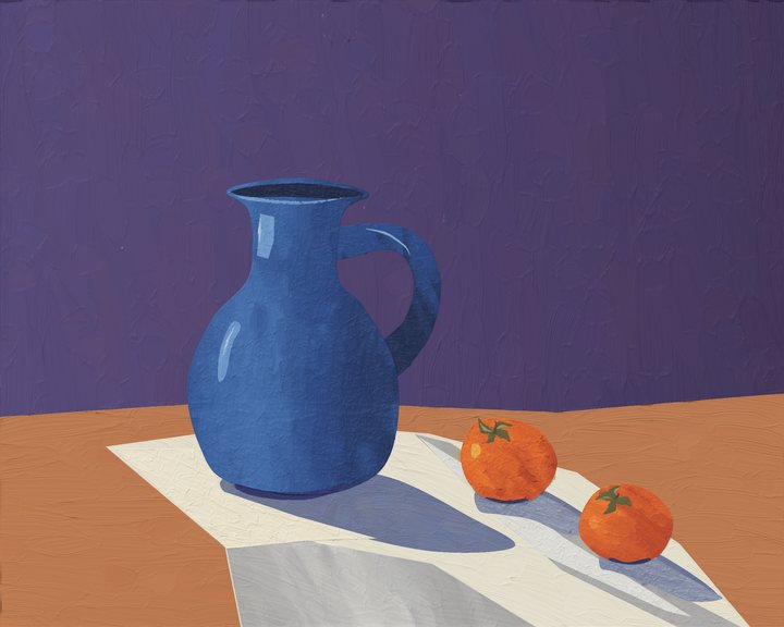 A blue jug and two orange persimmons rest on folded white linen on an ochre tabletop against a violet wall.