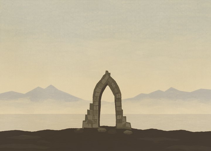 A ruined pointed stone arch rises from a dark bare foreground before a pale lake and distant mountains under a muted yellow sky.