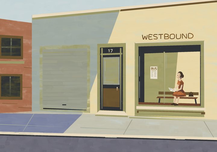 A lone traveler sits on a bench behind a storefront window marked WESTBOUND, beside a closed shutter and a long empty sunlit pavement.