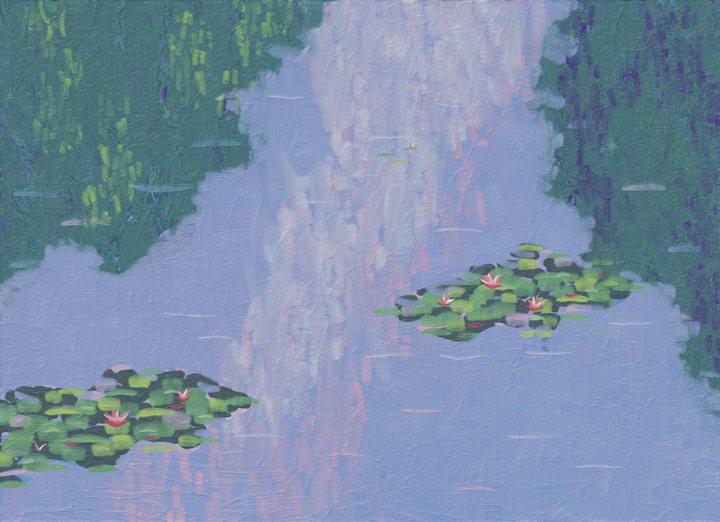 Two groups of green lily pads and pink flowers float on lilac-blue water, between dark green hanging reflections and a broad pale ribbon of reflected light.