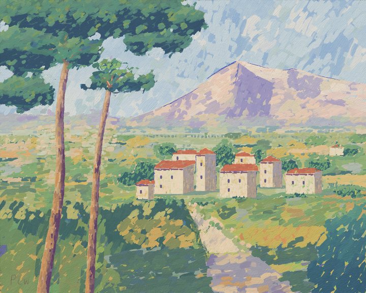 Two umbrella pines frame a village of cream houses with red roofs below a pale rose-and-violet mountain; a road crosses the green and gold foreground.