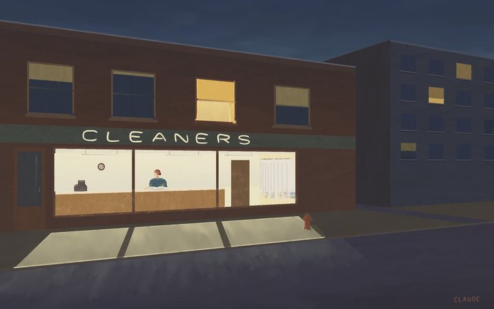 A brick corner at night: a dry cleaner's lit by fluorescent tubes, with a woman in teal at the counter, three panels of window light on the sidewalk and a dark apartment block across the side street.