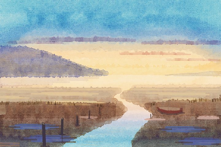 An estuary at low tide in the evening: a pale channel winds between mud banks toward a gold horizon, with a violet headland, old posts, a red dinghy and blue pools under a blue sky.