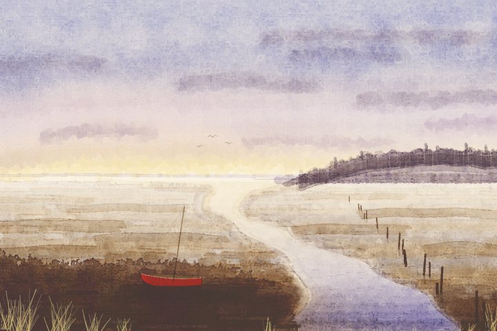 A tidal estuary at dusk: a pale channel curves through mudflats past a line of old posts, with a small red boat below a dark marsh bank and a wooded headland against a violet-grey sky with a yellow glow on the horizon.
